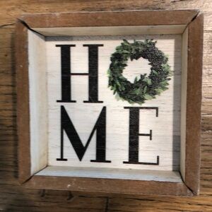HOME with boxwood wreath wood block sign